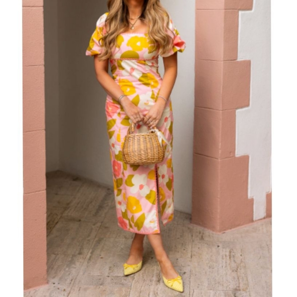 Ivy City Pink Multicolor Floral Puff Sleeves Midi 60's Style Midi Lula Dress
